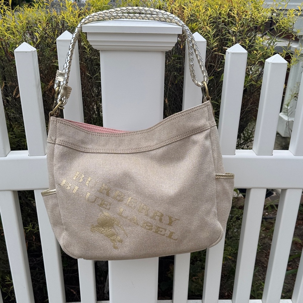 GUC Burberry Blue Label Beige with gold trim Canvas Shoulder bag, pink interior